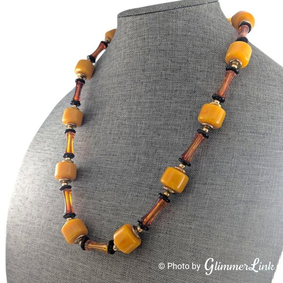 Vintage 1970s Tigers Eye Statement Necklace, Chunky Brown  Vintage 70s Chunky Butterscotch Yellow Brown Plastic Geometric Beaded Necklace